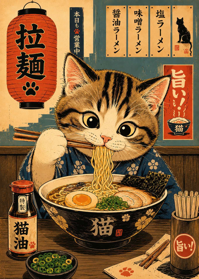 Cute Cat Eating Ramen