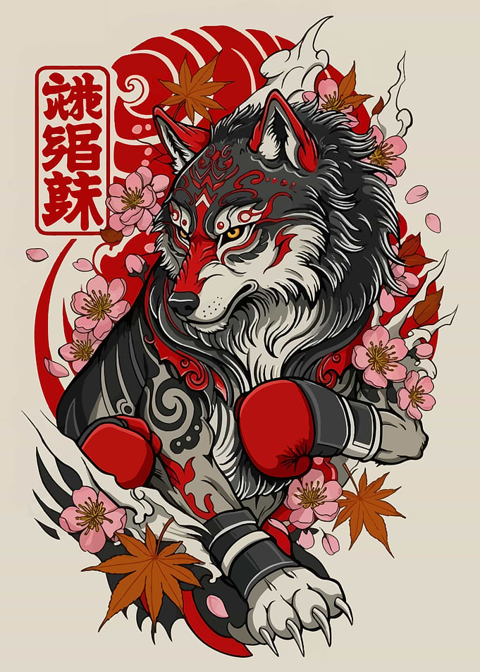 Japanese Style Boxing Wolf Illustration