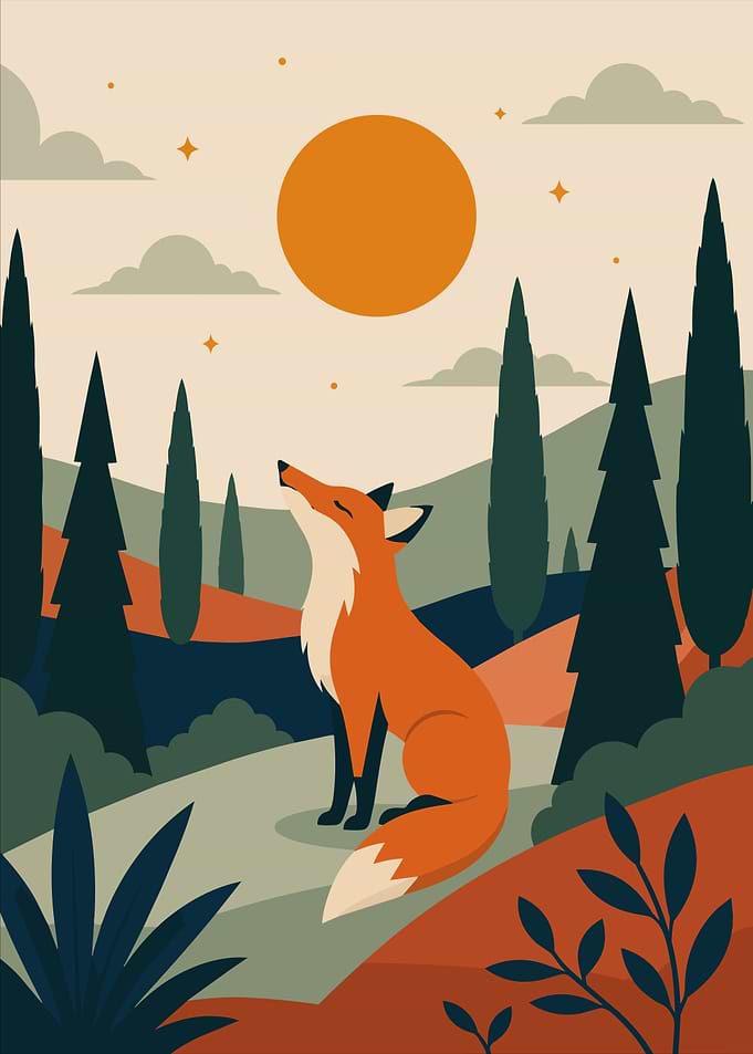 Minimalist Fox in Forest Landscape Boho Art