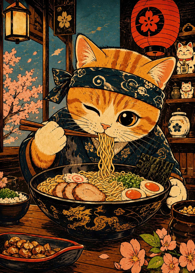 Cat Eating Ramen
