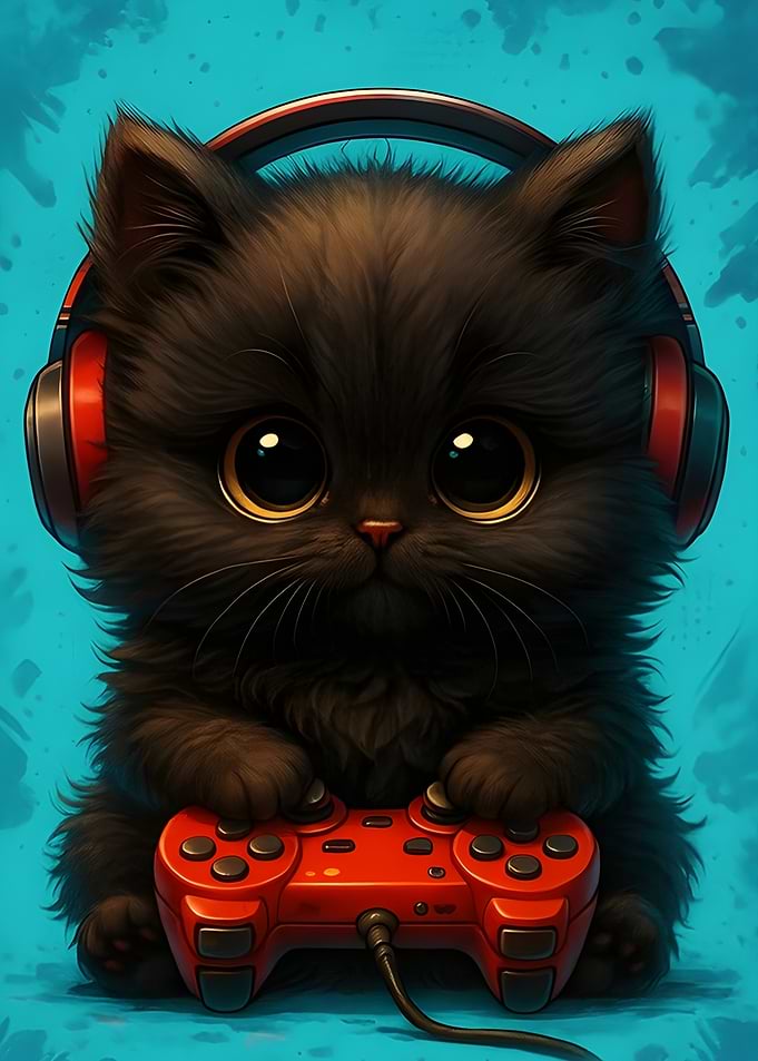 Cute Black Kitten Gaming with Headphones