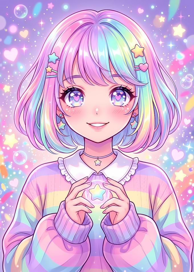 Pastel Rainbow Anime Girl Illustration
