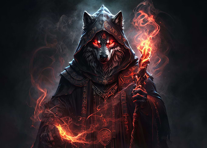 Mystical Wolf Sorcerer with Fire Staff