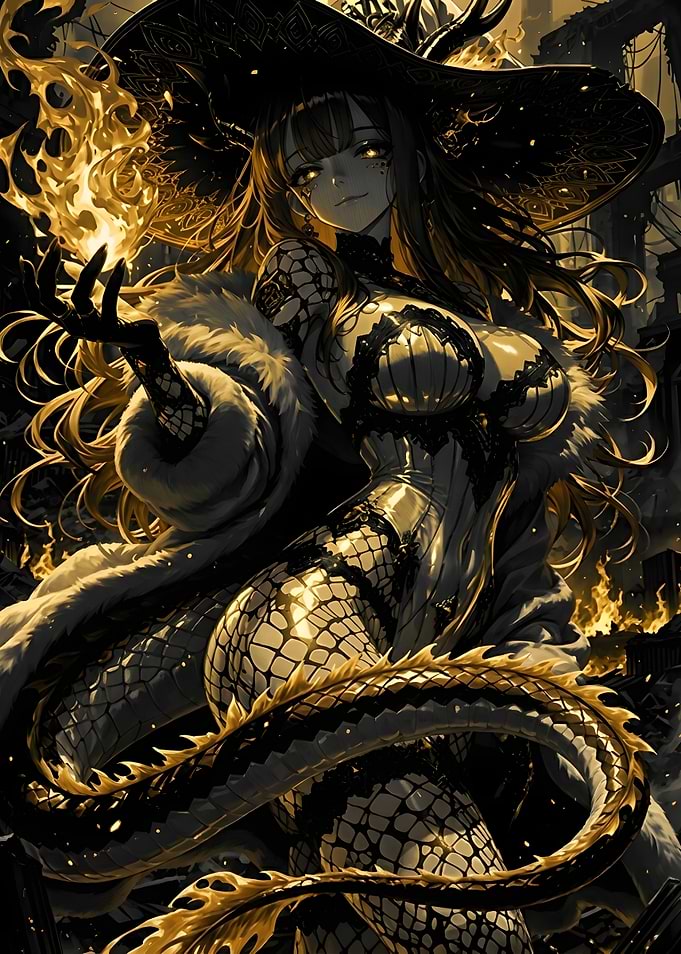 Golden Dragon Sorceress in Flames