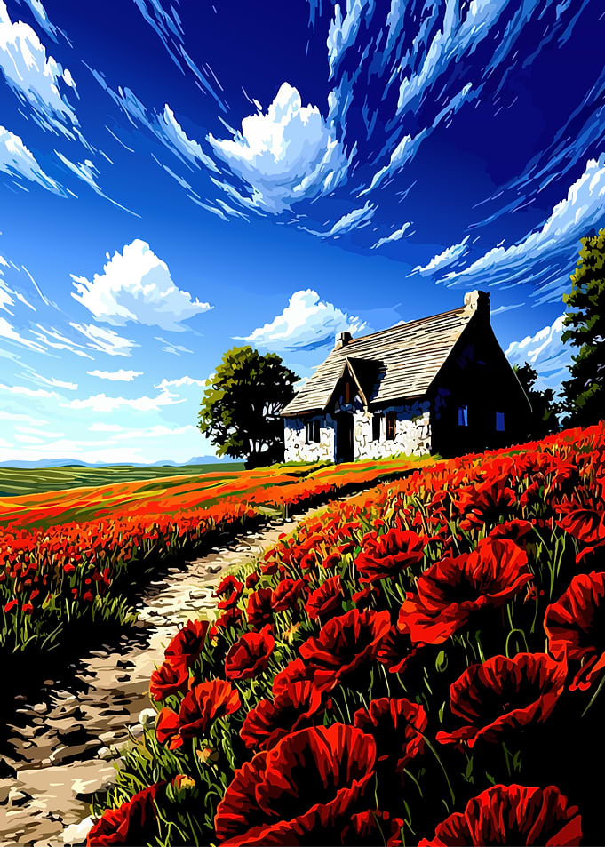 Stone Cottage in Poppy Field