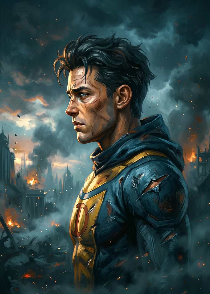 Battle-Worn Superhero in Ruined City