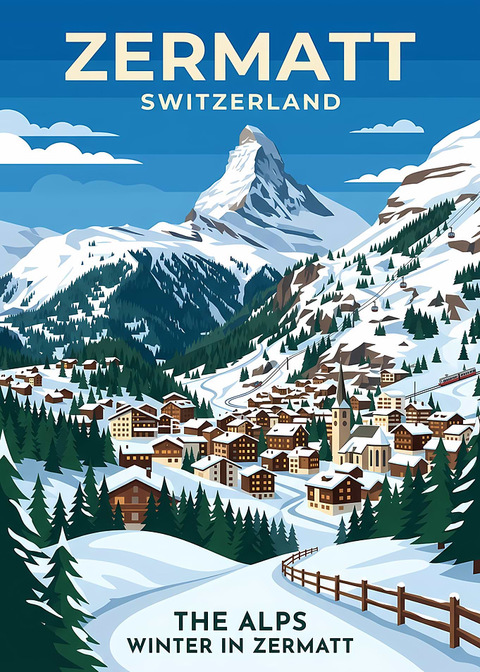 Zermatt Switzerland Winter Travel Poster