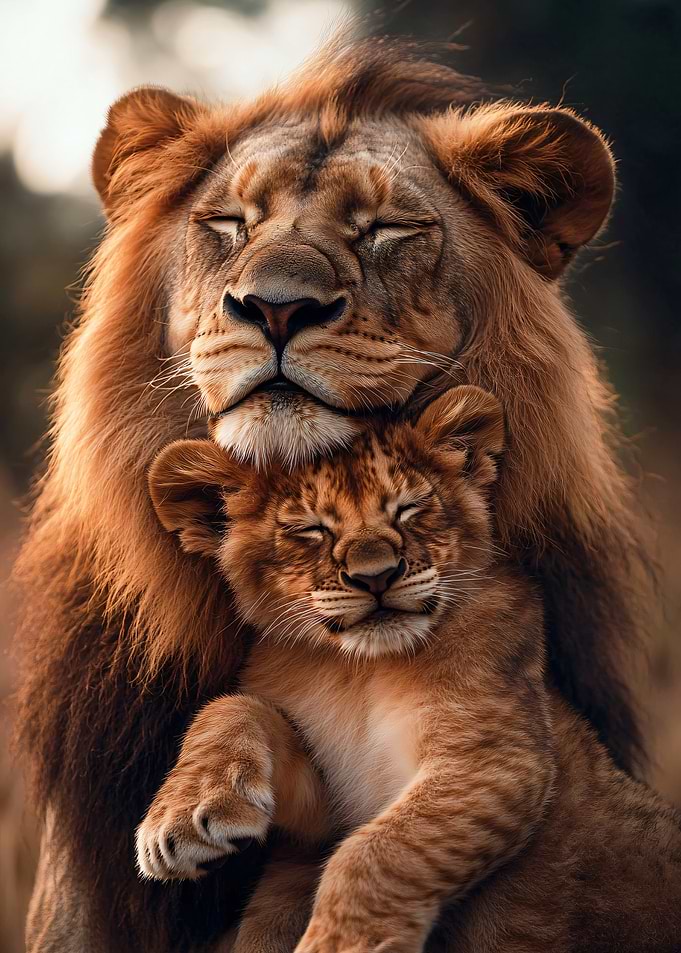 Lion Father and Cub Embracing