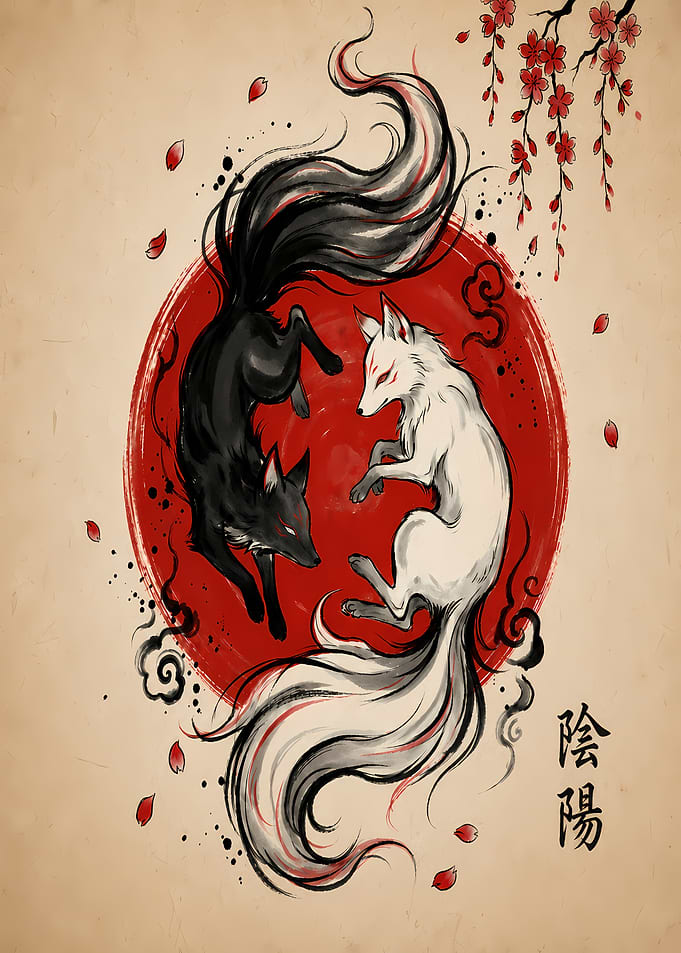 Yin Yang Kitsune Fox Art
