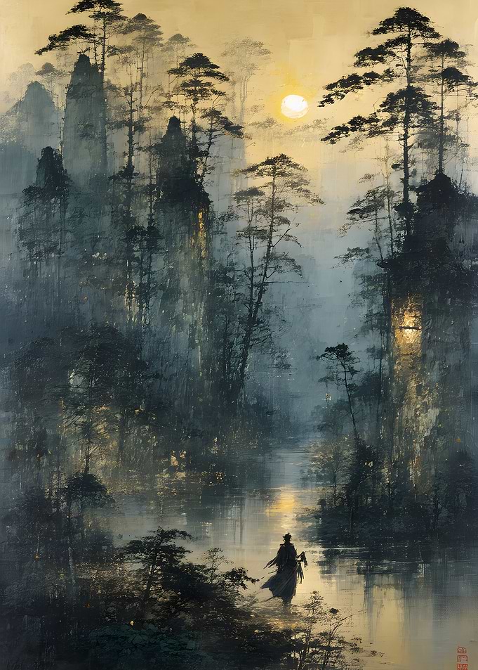 Lone Traveler in Misty Forest