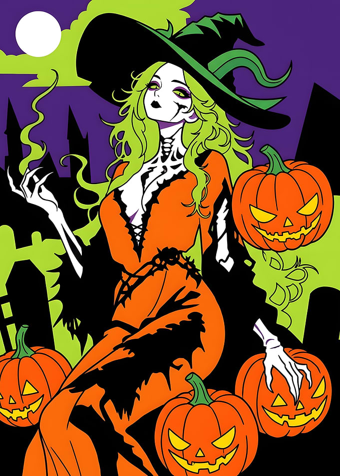 Halloween Witch with Jack-o'-lanterns