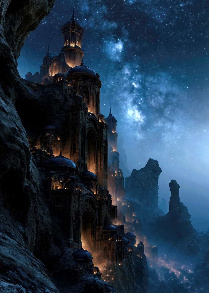 Starlit Fantasy Castle on Cliffside