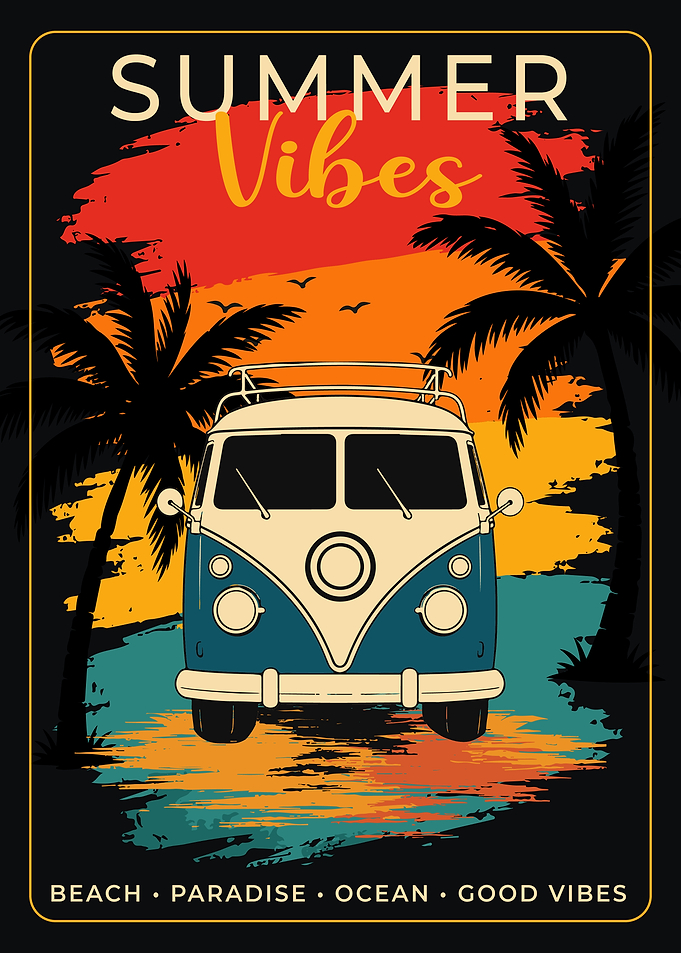 Retro Summer Vibes Beach Van Vintage Tropical Camper Sunset Vector Poster
