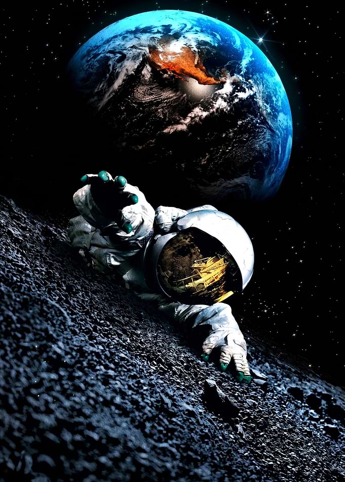 Astronaut Crawling on Lunar Surface