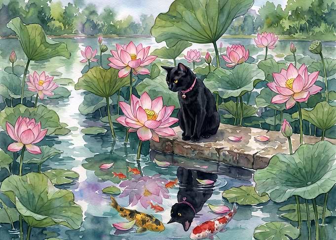 Black Cat by Lotus Pond