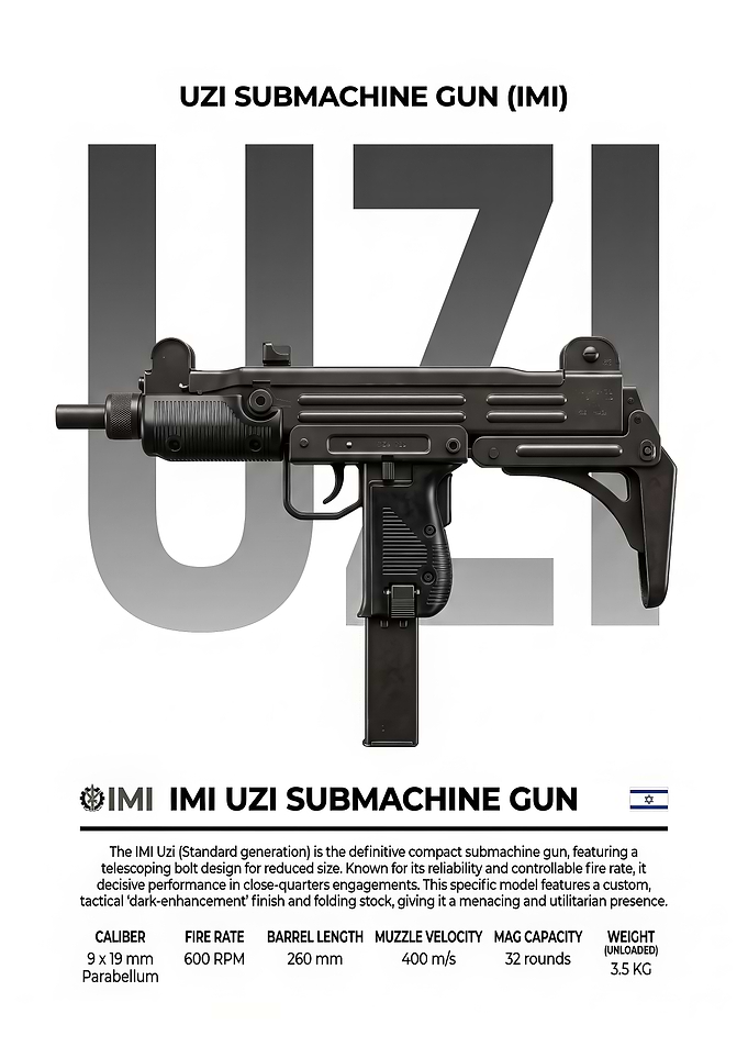 balck Uzi Submachine Gun Technical Poster