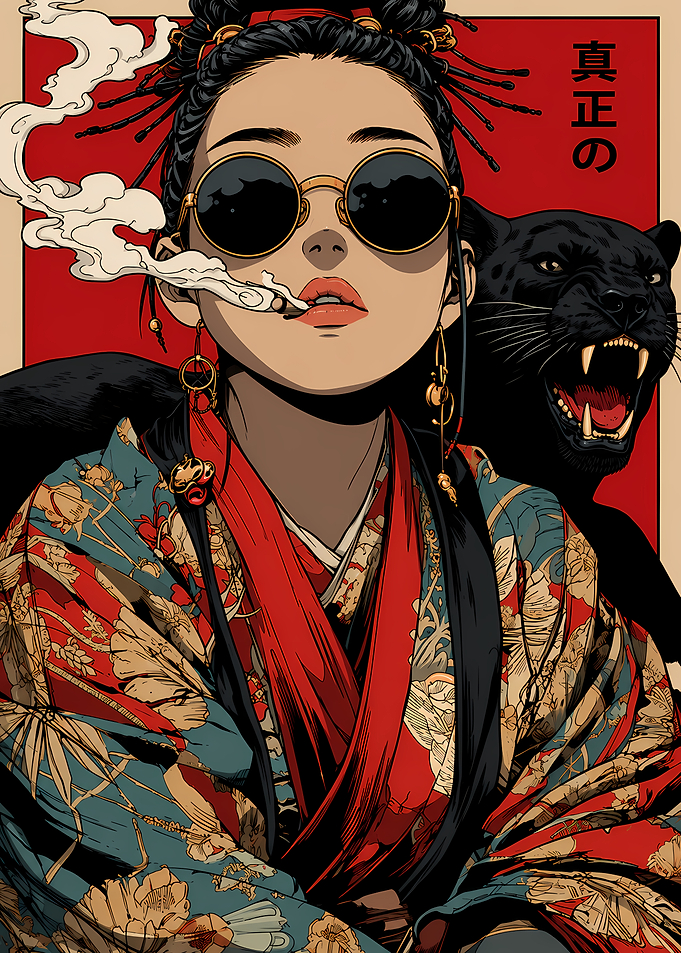 Stylish Woman in Kimono with Panther