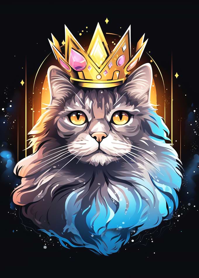 Regal Fluffy Cat Wearing a Crown