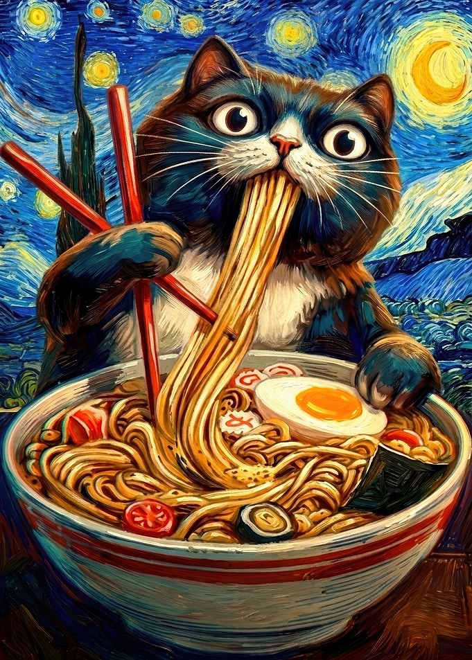 Starry Night : Cat Eating Ramen Art