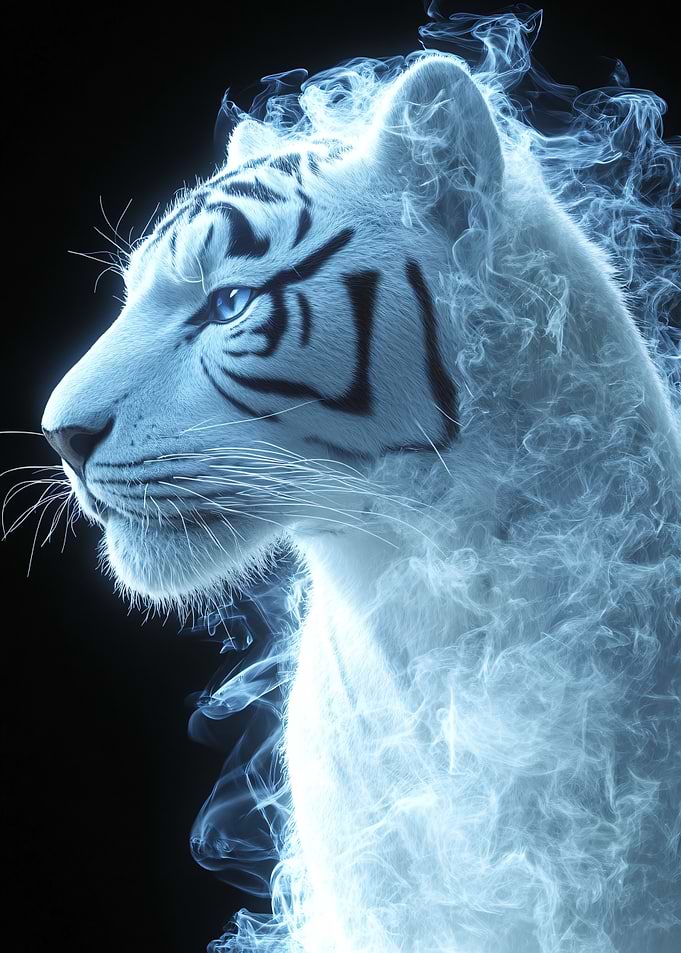 Ethereal White Tiger in Blue Smoke