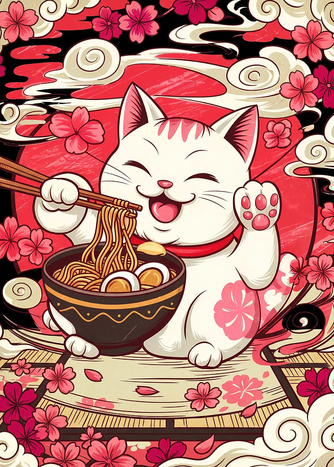 Maneki-neko Eating Ramen Illustration