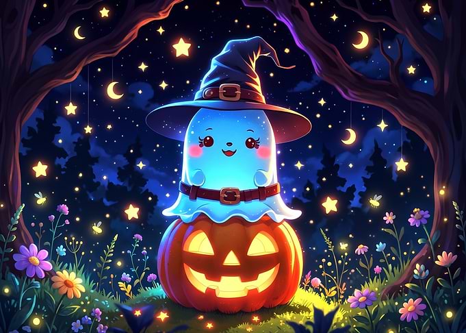 Cute Ghost Sitting on Jack-o'-lantern