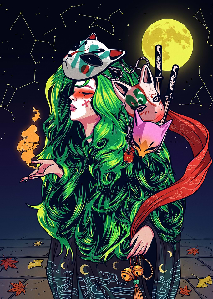 Green-Haired Kitsune Spirit Under Moonlight
