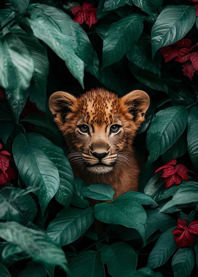 Lion Cub Peeking Through Foliage