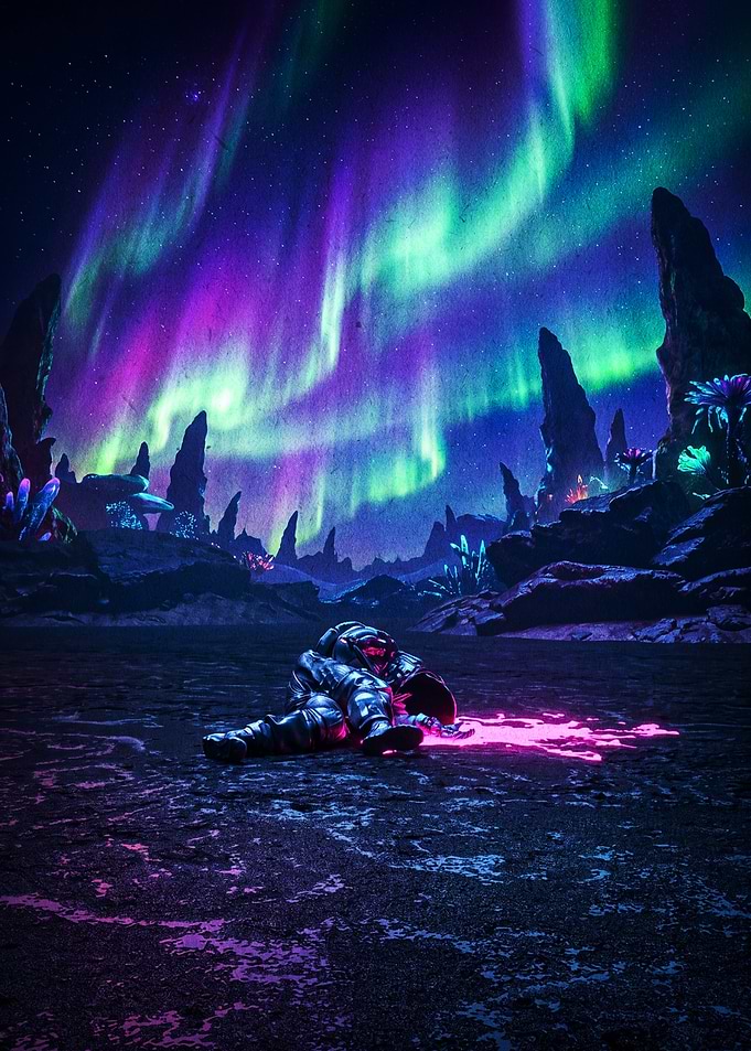 Fallen Astronaut Under Alien Aurora