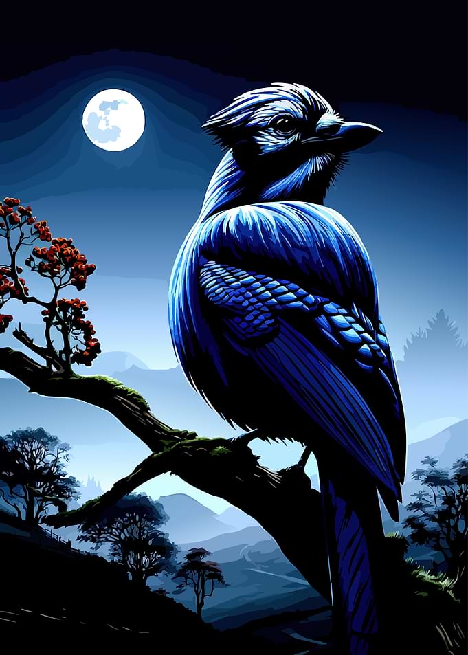 Blue Jay Perched Under Full Moon
