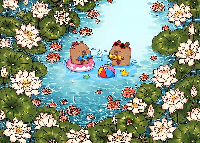 Cute Capybaras Playing in Lotus Pond