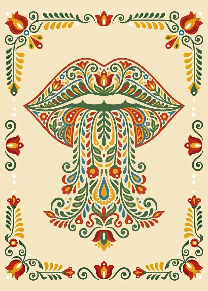 Traditional Nordic Kurbits Folk Art Lips Illustration