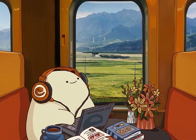 Cute character working on a train