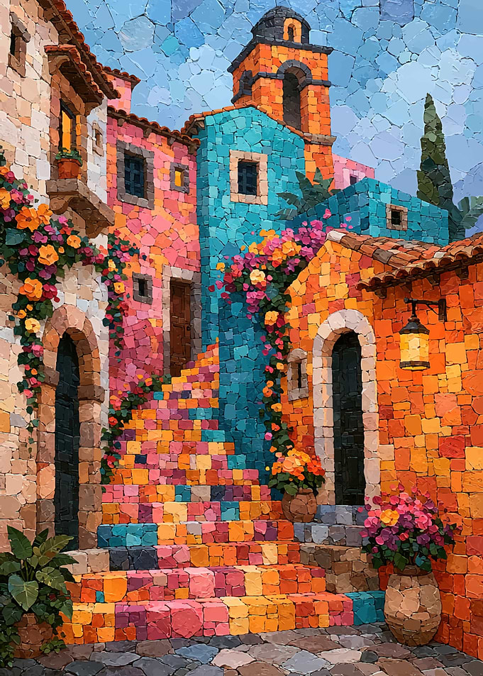 Vibrant Mediterranean Mosaic Street Scene