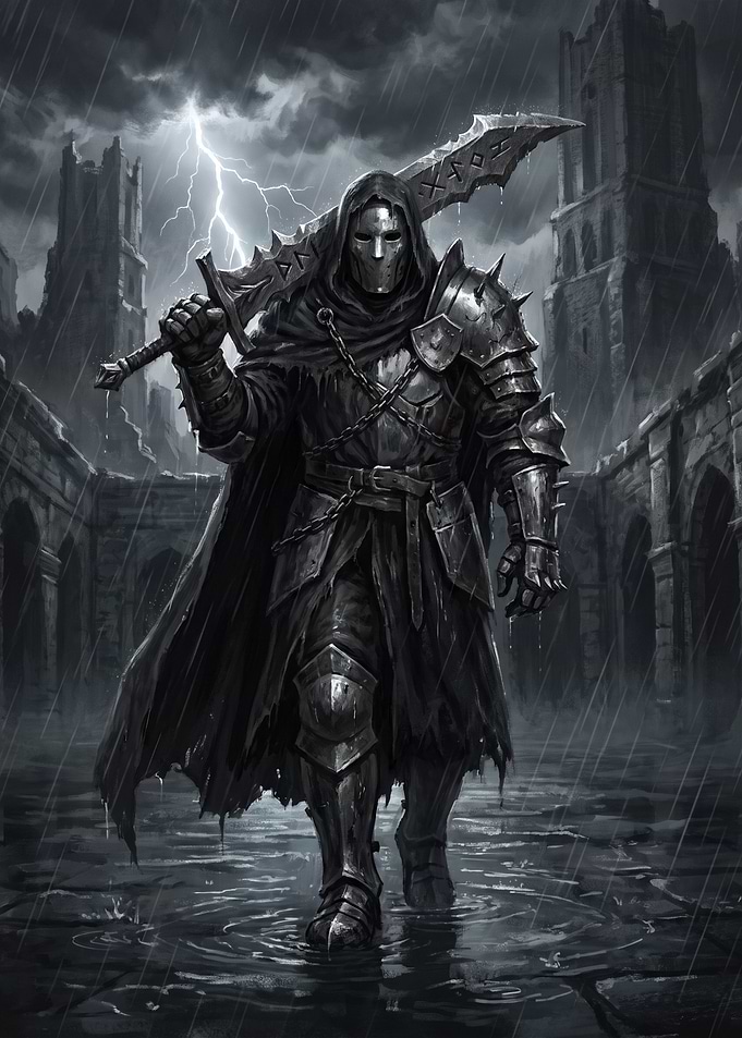 Dark Fantasy Armored Warrior in Rain