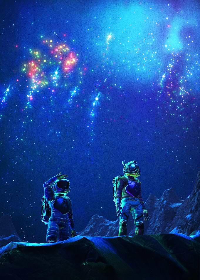 Astronauts Observing a Colorful Nebula