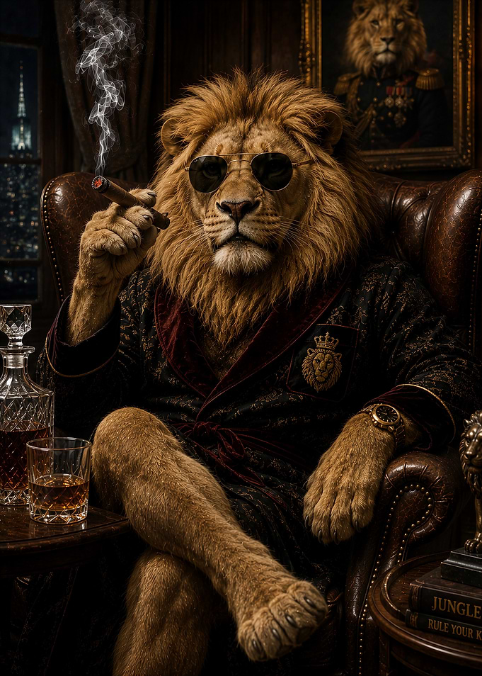 Sophisticated Lion Smoking Cigar in Study
