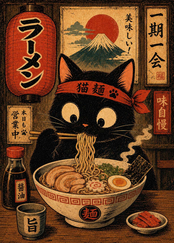 Black Cat Eating Ramen