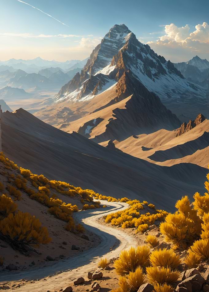 Winding Path to Snowy Mountain Peak Nature Background