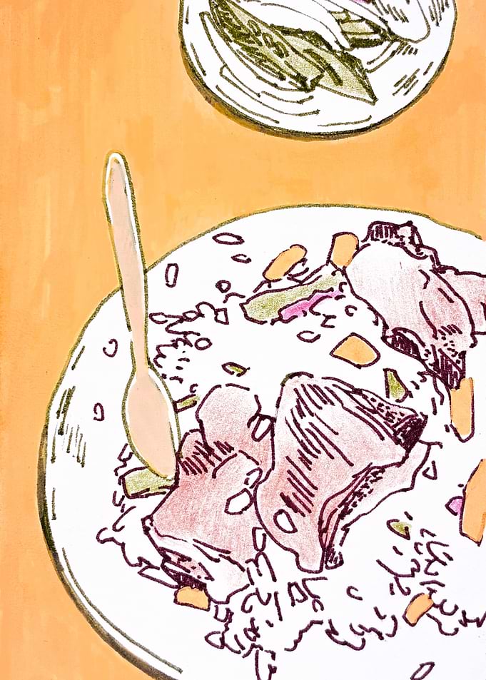 Hand-Drawn Illustration of Rice and Meat