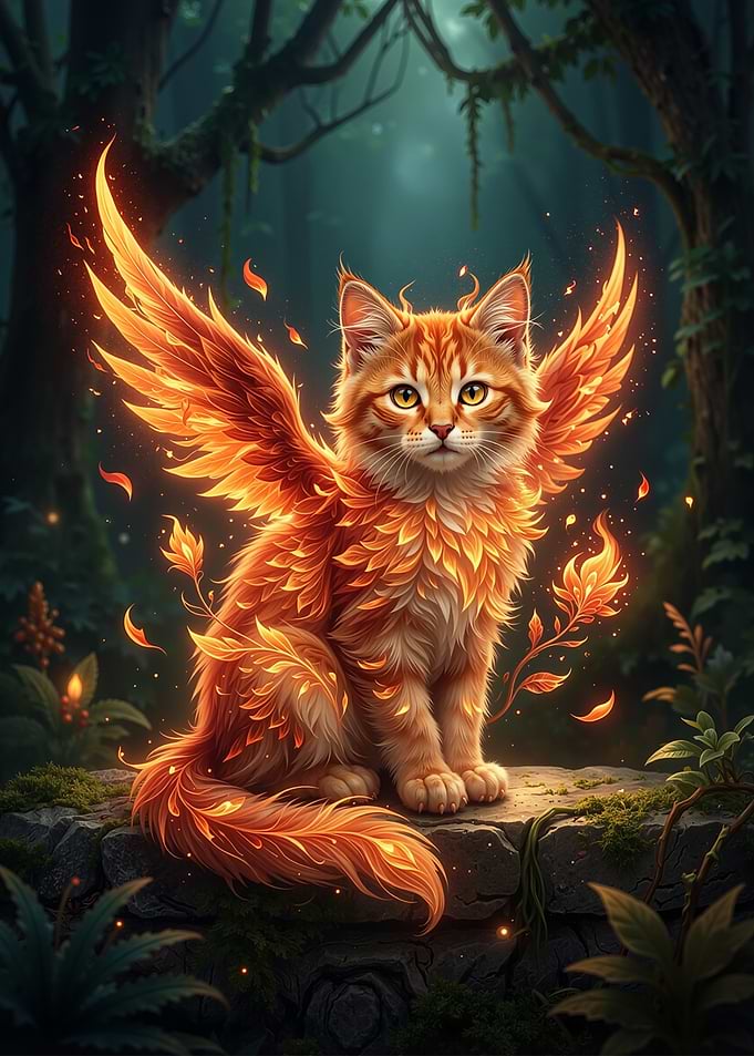 Fiery Winged Cat in Forest