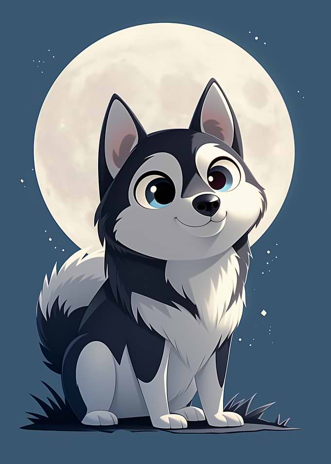 Cute Husky Puppy Under Full Moon
