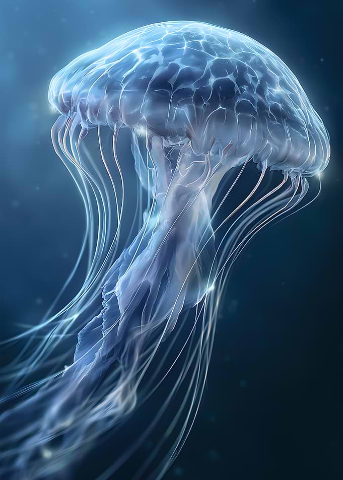 Glowing Translucent Jellyfish in Deep Sea