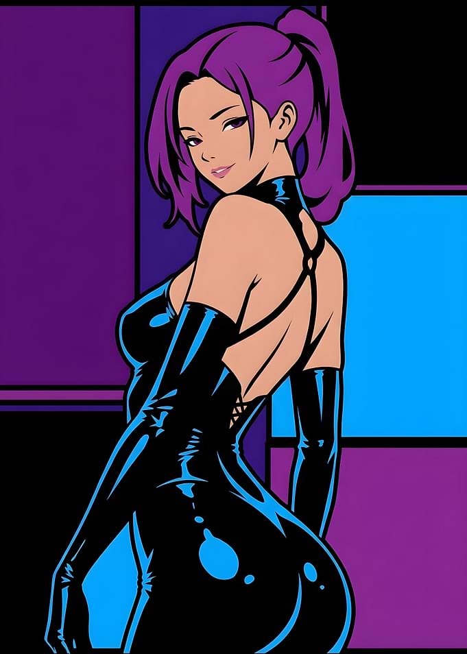 Purple Haired Woman in Latex Suit