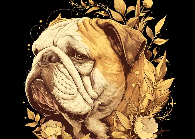 Elegant Bulldog Portrait with Gold Florals