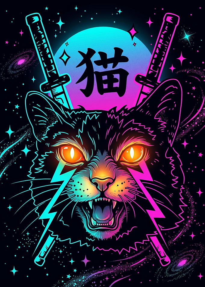 Neon Cyberpunk Samurai Cat Illustration