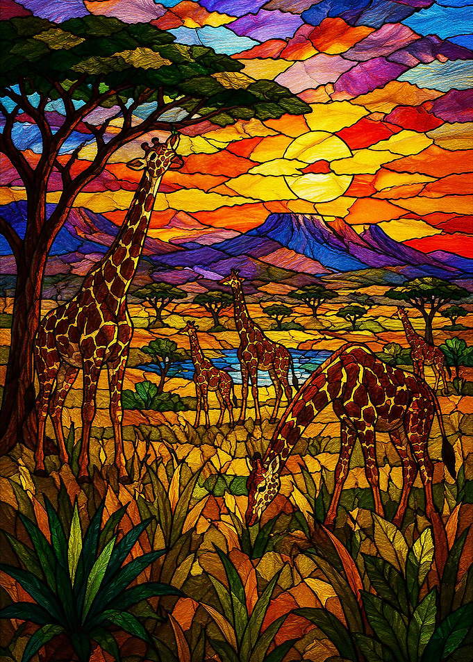 Stained Glass Giraffes in African Sunset