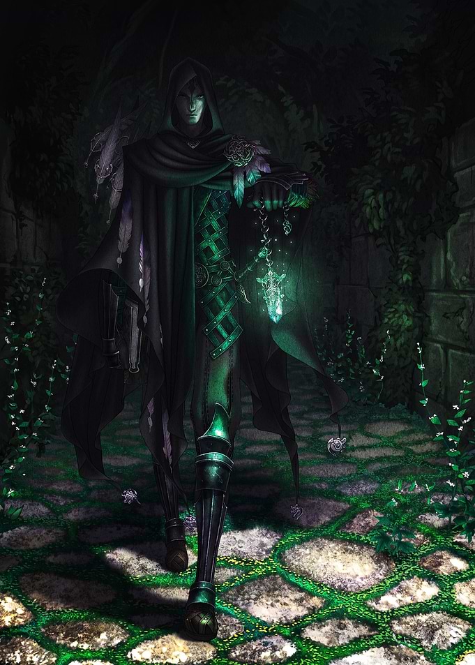 Mysterious Hooded Figure with Glowing Crystal