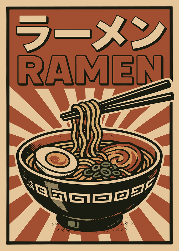 Vintage Japanese Ramen Bowl Poster Retro Ukiyo Style Kitchen Wall Art