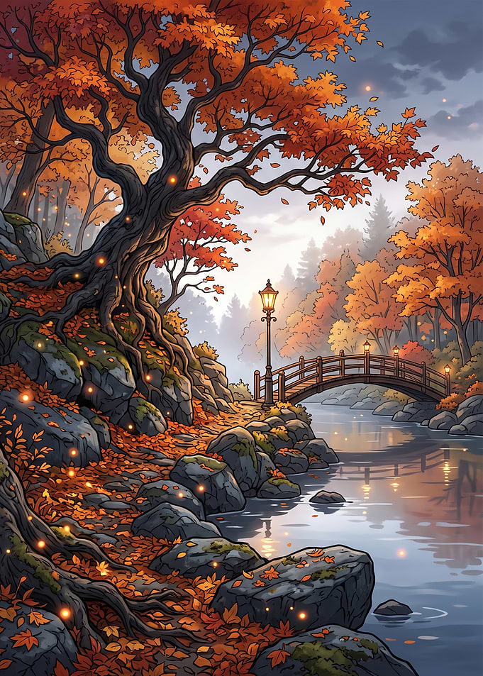 Enchanted Autumn Forest with Bridge